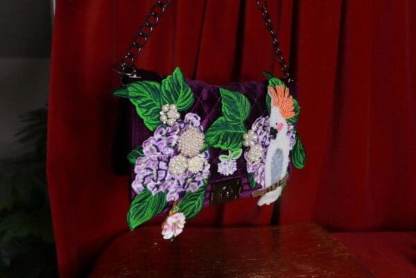 SOLD! 9322 Baroque Velvet Vacation Parrot Hydrangea Embellished Handbag - Image 6