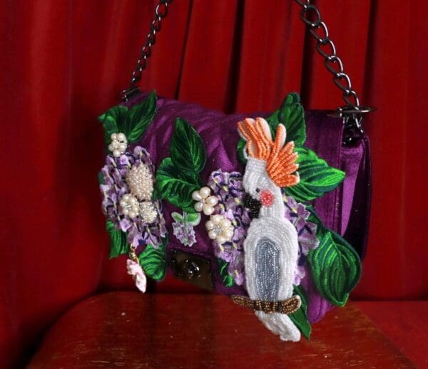 SOLD! 9322 Baroque Velvet Vacation Parrot Hydrangea Embellished Handbag - Image 7