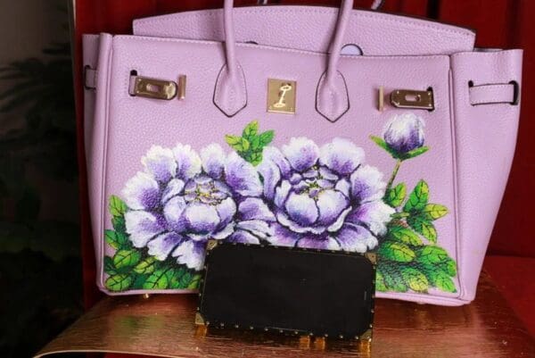 SOLD! 9323 Baroque GENUINE LEATHER Hand Painted Lavender Handbag - Image 3