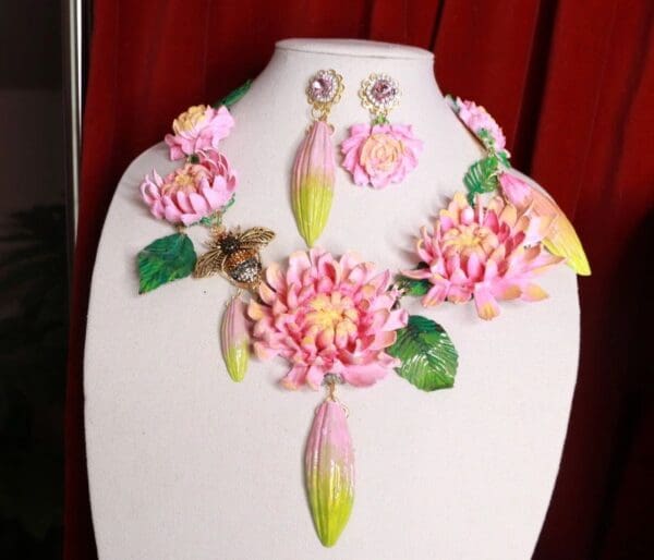 SOLD! 9330 Baroque Art Nouveau Vivid Asters Flowers Crystal Bee Hand Painted Necklace Set - Image 4