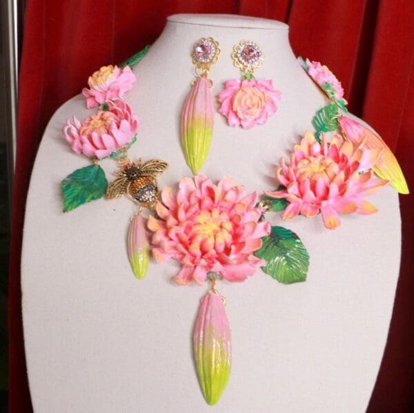 SOLD! 9330 Baroque Art Nouveau Vivid Asters Flowers Crystal Bee Hand Painted Necklace Set - Image 5