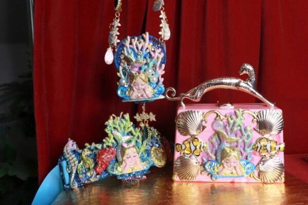 SOLD! 9336 Baroque Boutique Style Mermaid Seahorses Nautical Embellished Handbag - Image 2