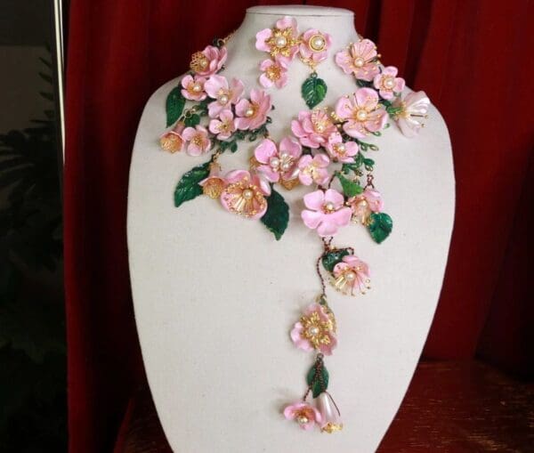 SOLD! 9357 Set Of Sakura blossom Hand Painted Massive Necklace+ Earrings - Image 2