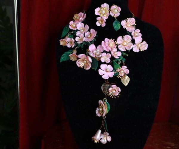 SOLD! 9357 Set Of Sakura blossom Hand Painted Massive Necklace+ Earrings - Image 5