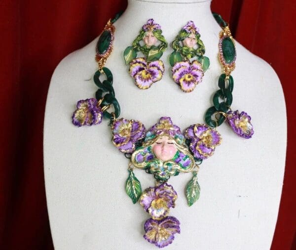 SOLD! 9368 Art Jewelry Viola Goddess 3D Effect Unusual Hand Painted Huge Necklace