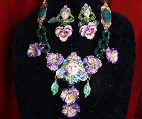 SOLD! 9368 Art Jewelry Viola Goddess 3D Effect Unusual Hand Painted Huge Necklace - Image 2