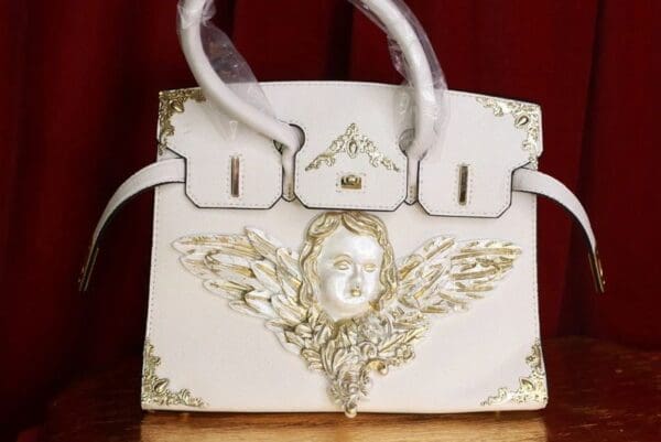 SOLD! 9369Baroque Kelly White Pearlish Cherub Embellished Handbag