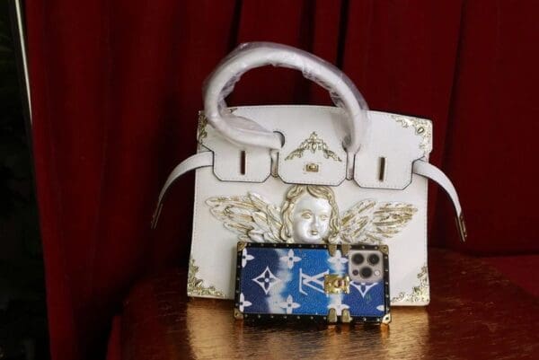 SOLD! 9369Baroque Kelly White Pearlish Cherub Embellished Handbag - Image 6