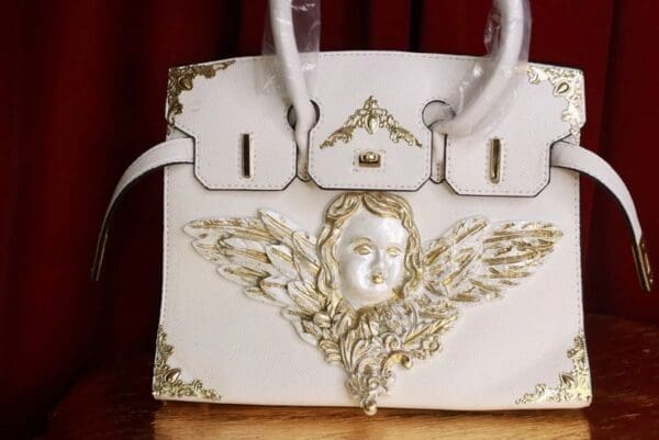 SOLD! 9369Baroque Kelly White Pearlish Cherub Embellished Handbag - Image 8