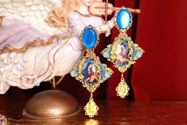 SOLD! 9344 Virgin Mary Light Blue Studs Earrings - Image 2