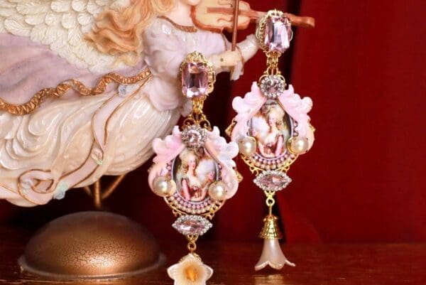 SOLD! 9348 Marie Antoinette Pink Studs Pearl Long Earrings - Image 2