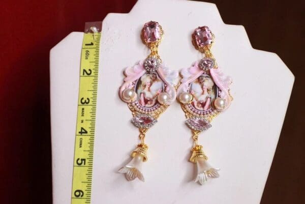 SOLD! 9348 Marie Antoinette Pink Studs Pearl Long Earrings - Image 5