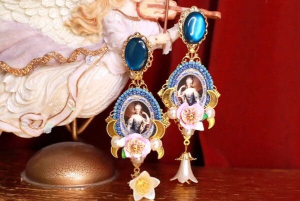 SOLD! 9349 Marie Antoinette Blue Studs Pearl Long Earrings - Image 2