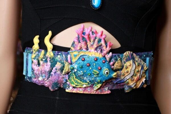 SOLD! 9351 Nautical Fish Coral Embellished Waist Gold Belt Size S, L, M