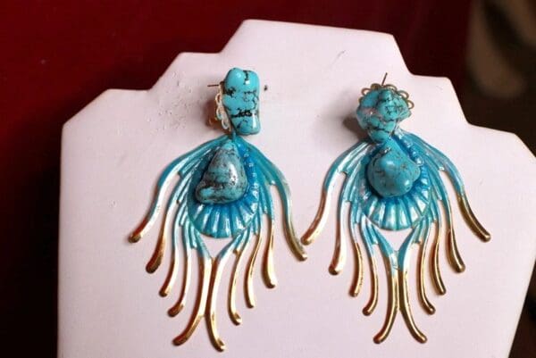 SOLD! 9352 Performance Genuine Turquoise Peacock Shape Long Earrings