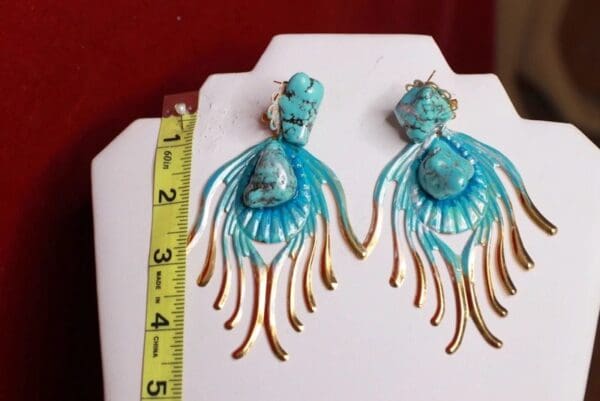 SOLD! 9352 Performance Genuine Turquoise Peacock Shape Long Earrings - Image 3