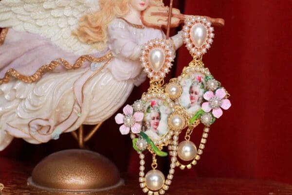 SOLD! 9360 Marie Antoinette Pink flower Studs Pearl Earrings - Image 3