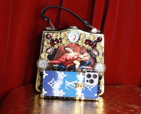 SOLD! 9363 Virgin Mary PU Leather Embellished Handbag - Image 7