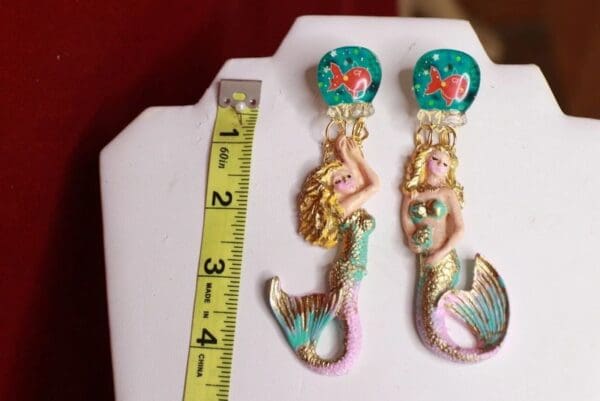 SOLD! 9377 Nautical Faced Mermaids Hand Painted Pearlish Earrings - Image 6