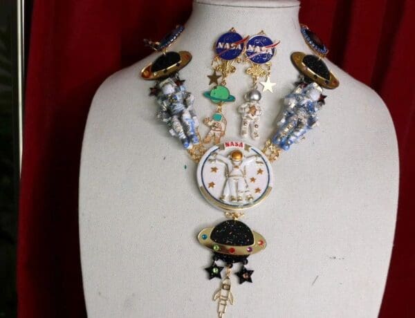 SOLD! 9389 Set Of Celestial NASA Astronauts Iridescent Necklace+ Earrings