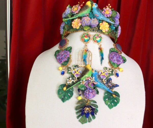 SOLD! 9403 Vivid Art Nouveau Parrots Birdcage Enamel Flower Set - Image 4