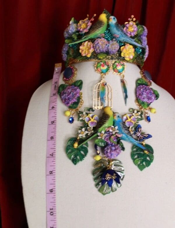 SOLD! 9403 Vivid Art Nouveau Parrots Birdcage Enamel Flower Set - Image 6