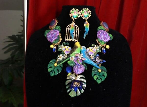 SOLD! 9403 Vivid Art Nouveau Parrots Birdcage Enamel Flower Set