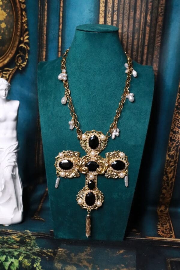 SOLD! 85 Baroque Exaggerated Black Rhinestones Cross Necklace - Image 3