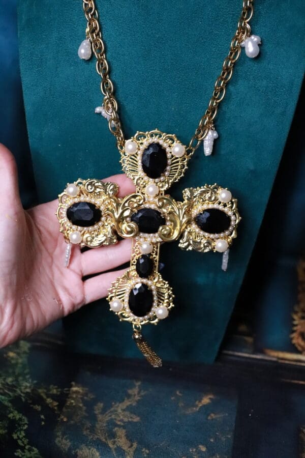 SOLD! 85 Baroque Exaggerated Black Rhinestones Cross Necklace - Image 4