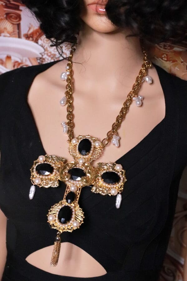 SOLD! 85 Baroque Exaggerated Black Rhinestones Cross Necklace - Image 8