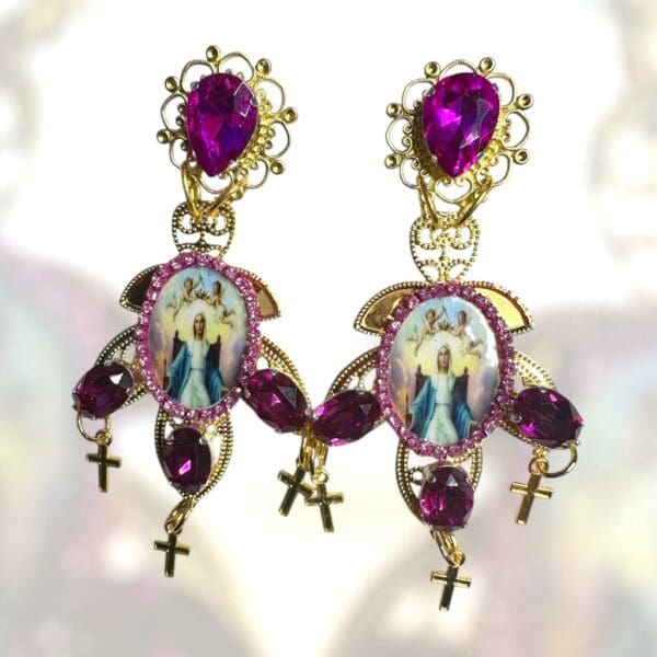 70 Religious Virgin Mary Fuchsia Earrings Studs