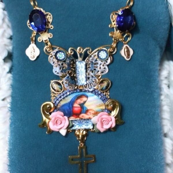 69 Virgin Mary Blue Cameo Statement Necklace