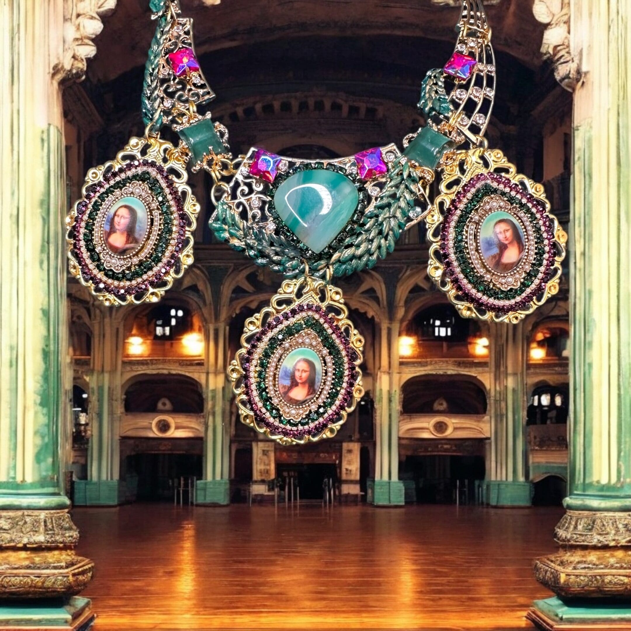 A large room with pillars and many hanging decorations.