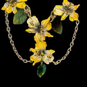 104 Art Jewelry Realistic Enamel Metal Yellow Orchids Flower Necklace