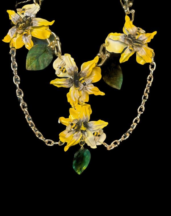 104 Art Jewelry Realistic Enamel Metal Yellow Orchids Flower Necklace