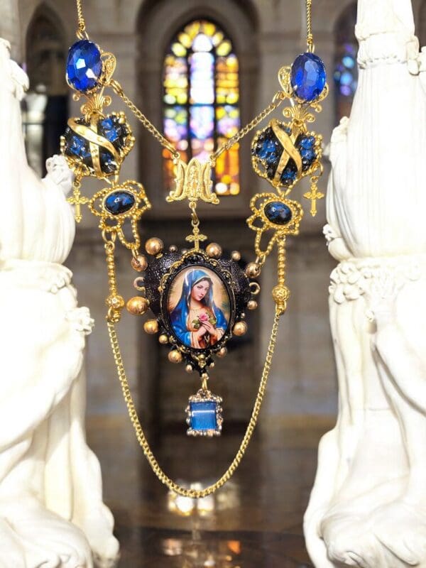 64 Virgin Mary Heart Blue Cameo Necklace
