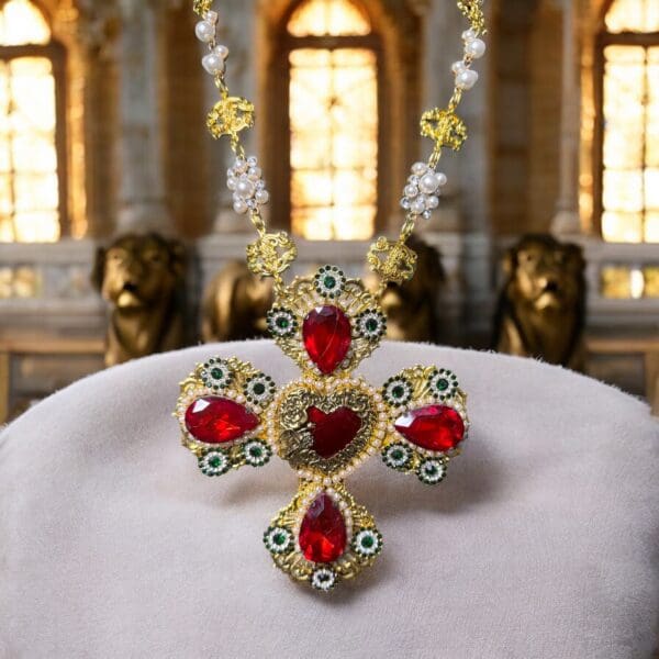 84 Baroque Exaggerated Red Rhinestones Cross Necklace