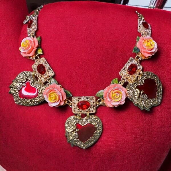 86 Baroque Sacred Hearts Roses Necklace