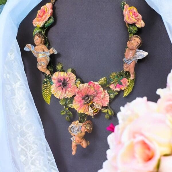 SOLD! 94 Baroque Hand Painted Flower Musical Cherubs Necklace