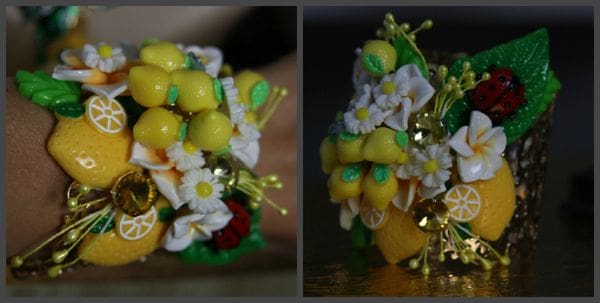 A close up of two pictures with flowers and fruit