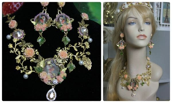 A collage of jewelry and a mannequin