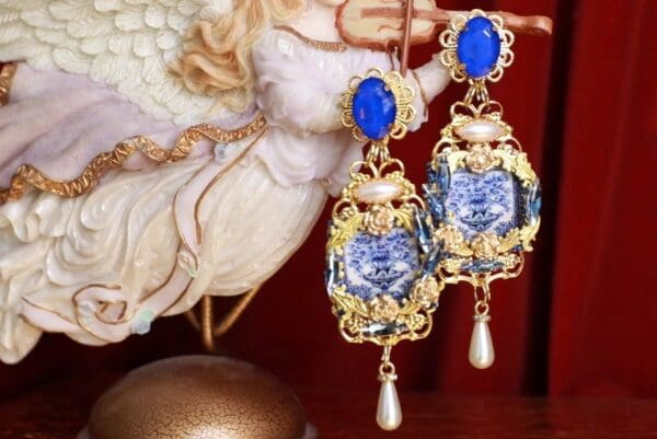 SOLD! 9409 Baroque Italian Tile Print Blue Crystal Earrings