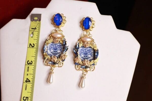 SOLD! 9409 Baroque Italian Tile Print Blue Crystal Earrings - Image 4