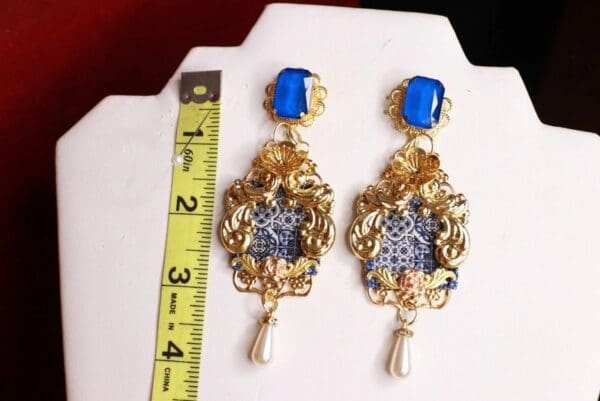 SOLD! 9410 Baroque Italian Tile Print Blue Crystal Earrings - Image 4