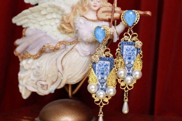 SOLD! 9411 Baroque Italian Tile Print Blue Crystal Earrings