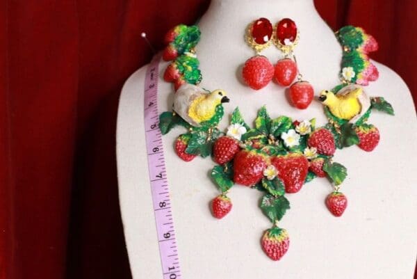 SOLD! 9423 Set Of Art Nouveau Hand Painted Vivid Strawberry Chicks Necklace+ Earrings - Image 7