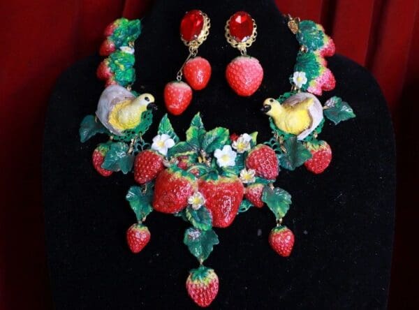 SOLD! 9423 Set Of Art Nouveau Hand Painted Vivid Strawberry Chicks Necklace+ Earrings - Image 2