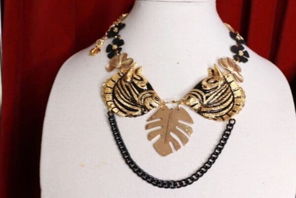 SOLD! 9424 Baroque Metal Faced Zebras Leaf Flower Massive Necklace - Image 2