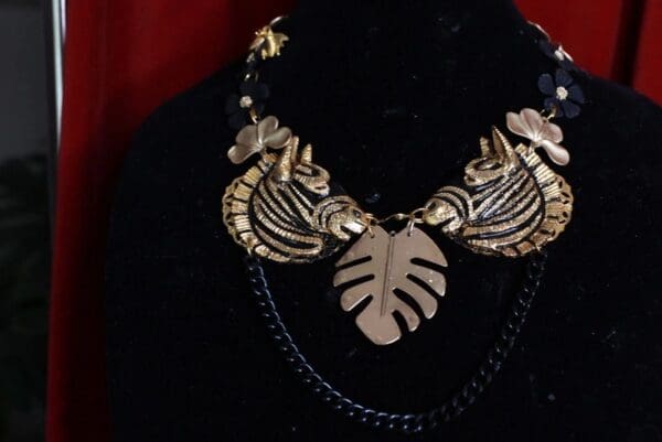 SOLD! 9424 Baroque Metal Faced Zebras Leaf Flower Massive Necklace