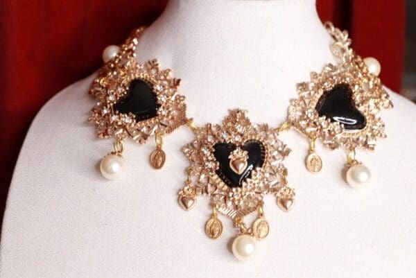 SOLD! 9428 Baroque Black Sacred Hearts Massive Necklace